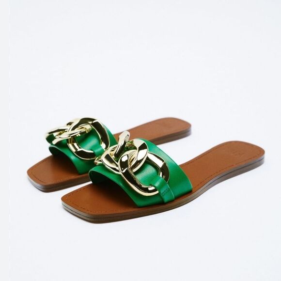 ZARA GREEN METAL CHAIN FLAT SANDALS Size 40 US9 - Picture 3 of 9